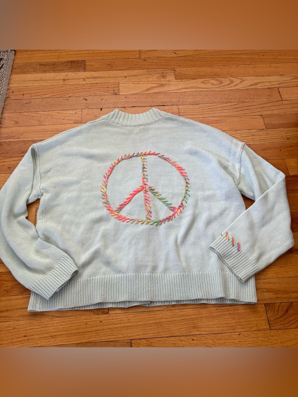 Lisa Todd Light Blue Peace Sign Cardigan Sweater Snap Front Size Medium